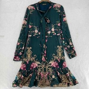 Roberto Cavalli Women's Floral BowTie neck Dress Dainty Longs-sleeves Blue Sz 38